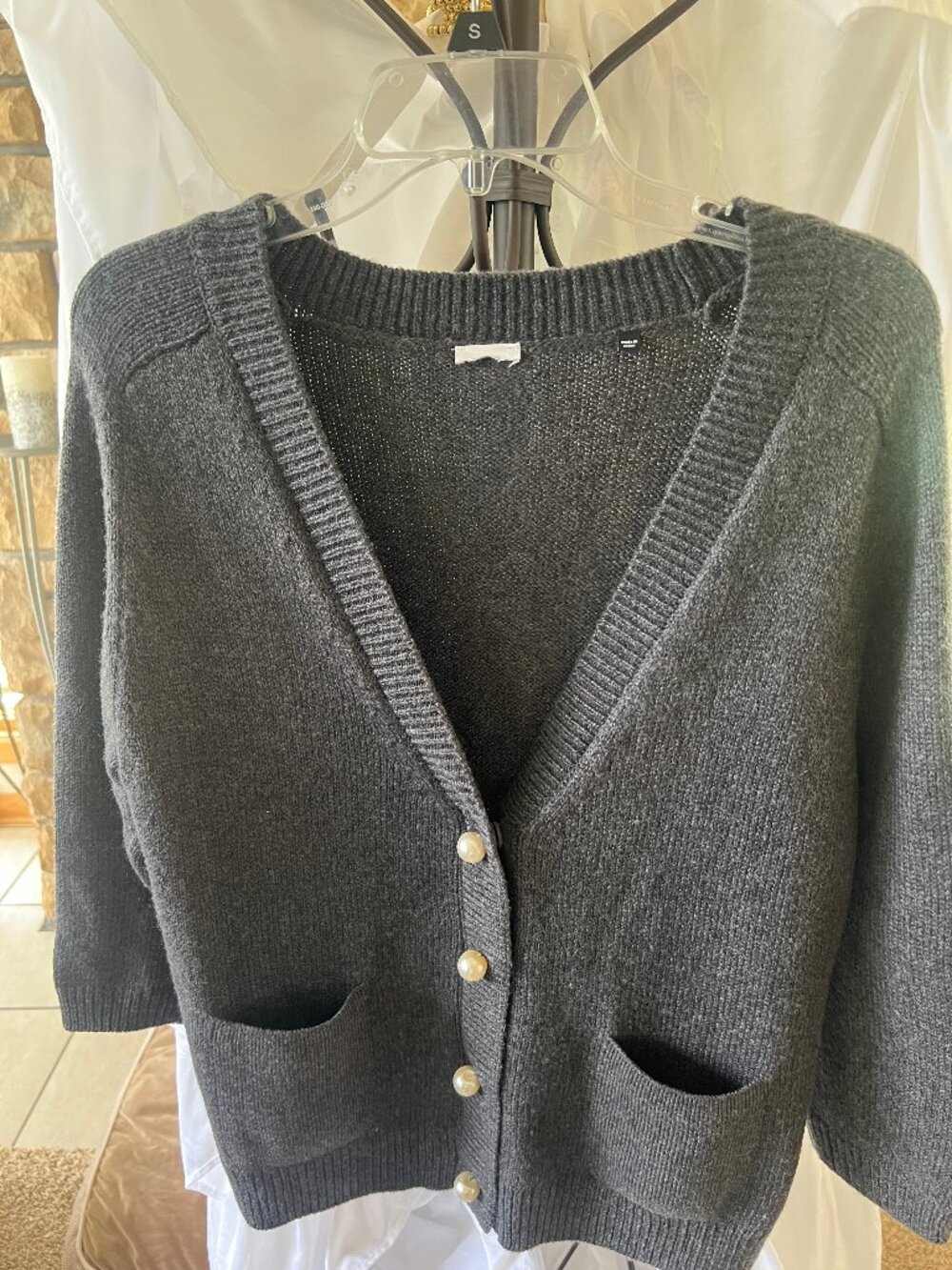 Grey V-neck Sweater w/ Pearl Buttons